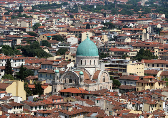 The Synagogue of Florence with its green copper dome.